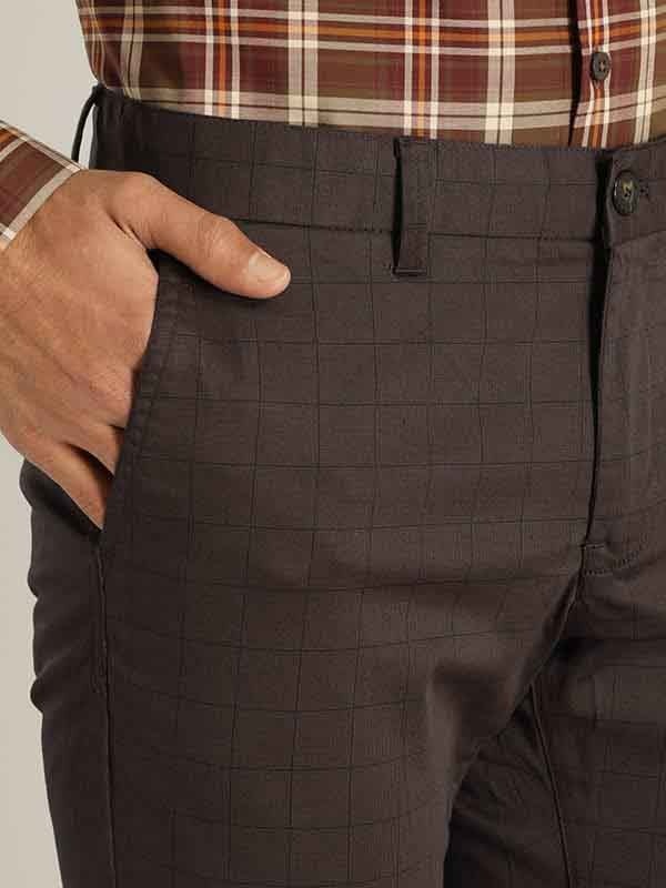 Indian Terrain Men's Slim Fit Checkered Brown Trousers